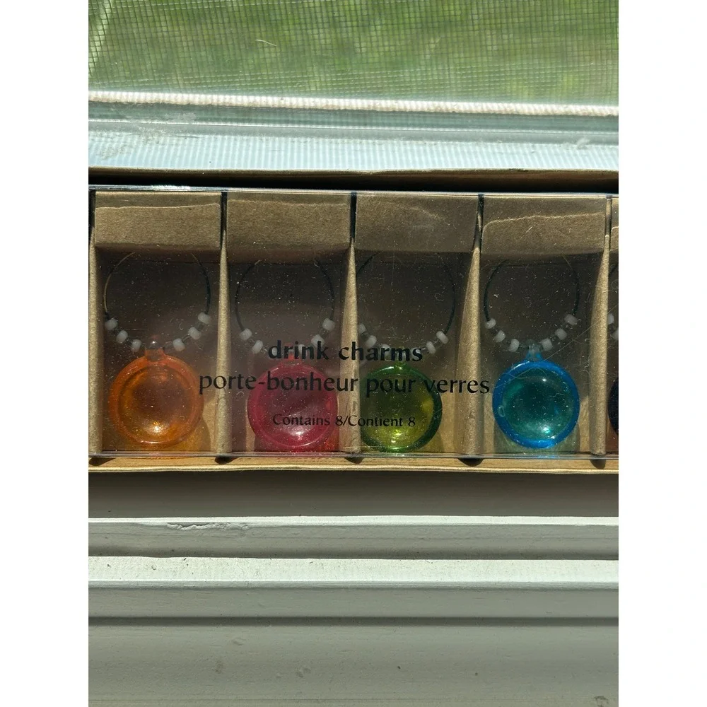 Pier 1 Imports Glass Drink Charms Set of 8 Multicolor Wine Glass Markers NIB
